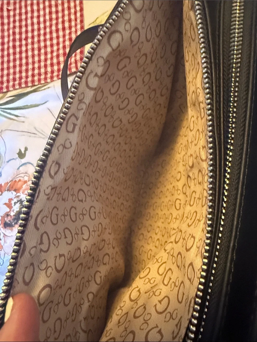 GUESS Black & Gray Monogram Satchel with Braided Handle and Tassels